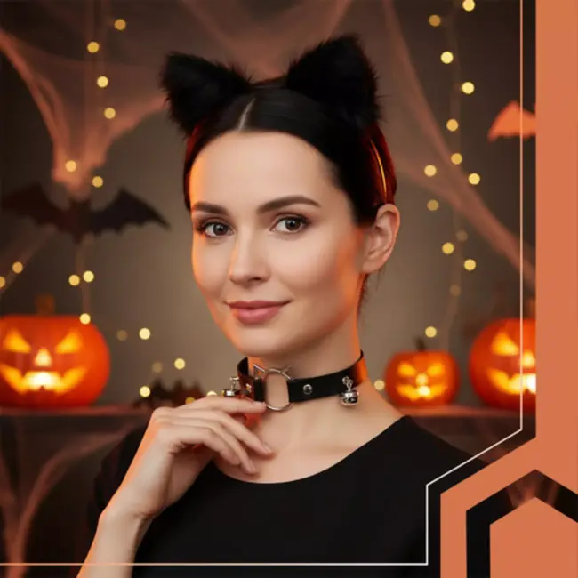 Ruhhy Zwarte kattenaccessoireset met oortjes, staart en halsband met belletjes