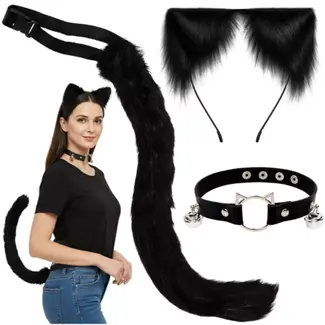 Ruhhy Zwarte kattenaccessoireset met oortjes, staart en halsband met belletjes