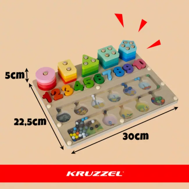 Kruzzel Houten Montessori sorter 3-in-1 – magnetisch doolhof, vormen en cijfers voor kinderen vanaf 3 jaar