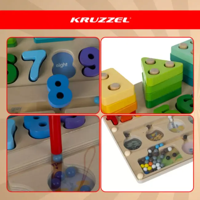 Kruzzel Houten Montessori sorter 3-in-1 – magnetisch doolhof, vormen en cijfers voor kinderen vanaf 3 jaar