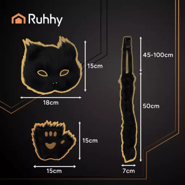 Ruhhy Zwarte verkleedset kat of vos – 4-delig met masker, staart, handschoenen en pootjes van zacht pluche