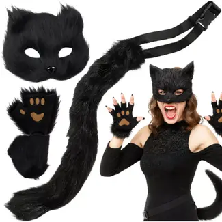 Ruhhy Zwarte verkleedset kat of vos – 4-delig met masker, staart, handschoenen en pootjes van zacht pluche