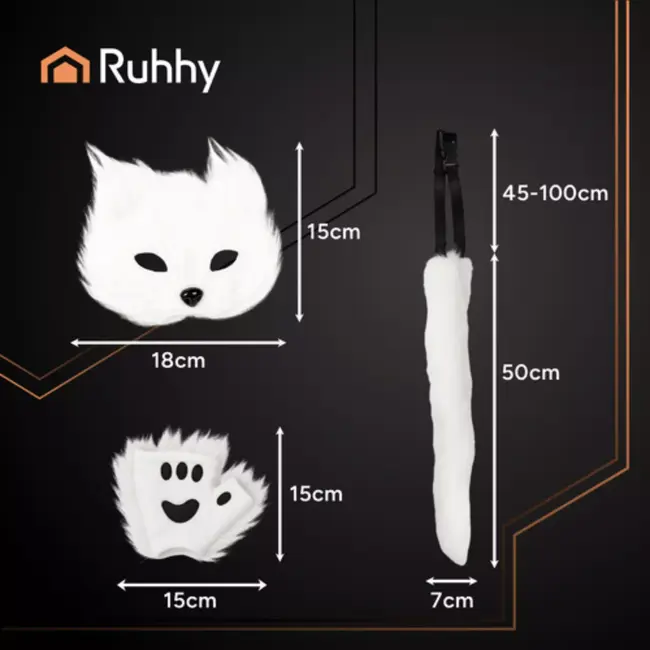 Ruhhy Witte verkleedset kat of vos – 4-delig met masker, staart, handschoenen en pootjes van zacht pluche