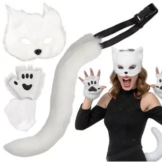 Ruhhy Witte verkleedset kat of vos – 4-delig met masker, staart, handschoenen en pootjes van zacht pluche