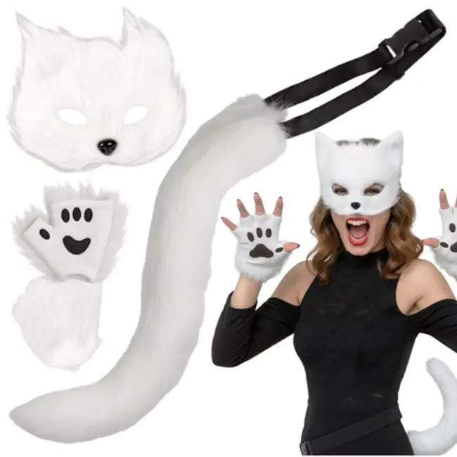 Ruhhy Witte verkleedset kat of vos – 4-delig met masker, staart, handschoenen en pootjes van zacht pluche