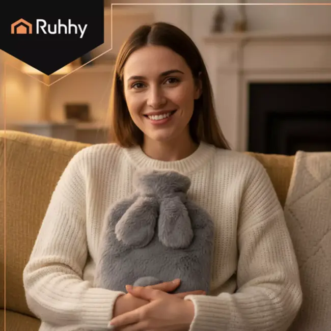 Ruhhy Warmwaterkruik 1.8L – 33 × 21 cm – zachte pluche hoes, langdurige warmte en pijnverlichting voor thuisgebruik