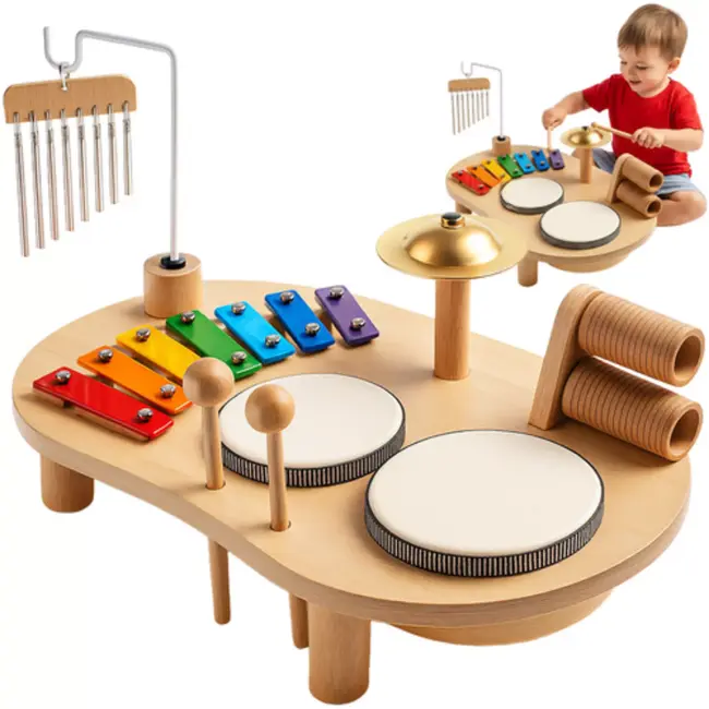 Kruzzel houten muziektafel – educatief Montessori muziekspeelgoed met trommels, belletjes en cimbalen
