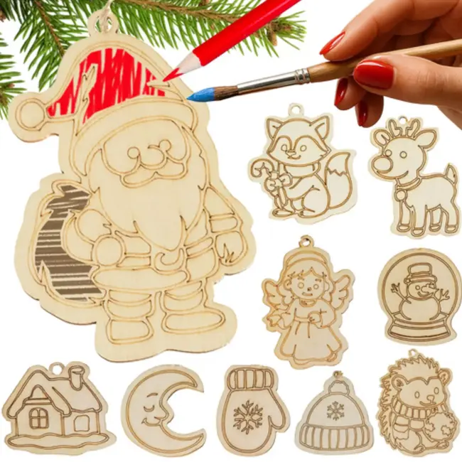 Ruhhy houten kerstballen set 24 stuks – DIY kerstornamenten met touwtjes en natuurlijke motieven