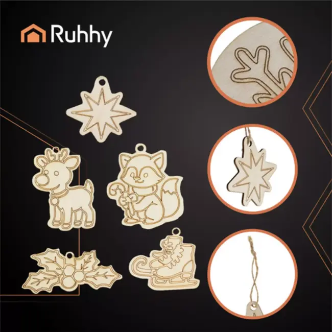 Ruhhy houten kerstballen set 24 stuks – DIY kerstornamenten met touwtjes en natuurlijke motieven