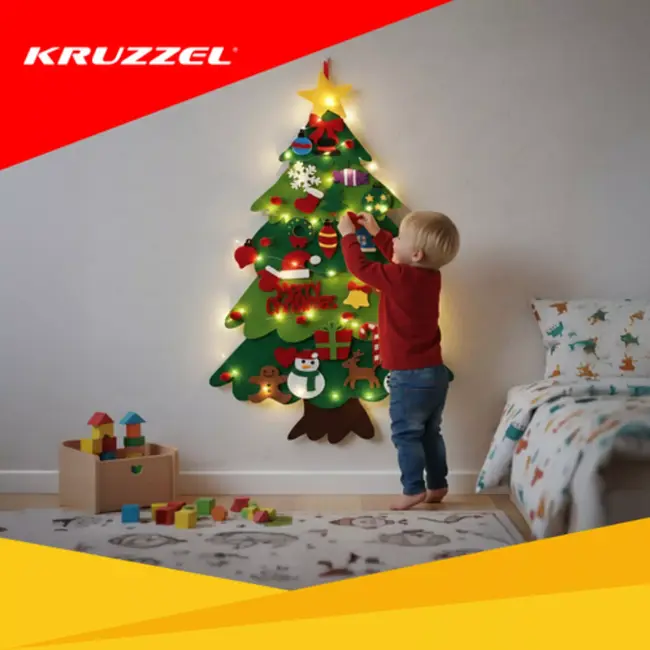 Kruzzel vilten kerstboom 100×70 cm – LED kerstdecoratie met klittenbandversieringen voor kinderen