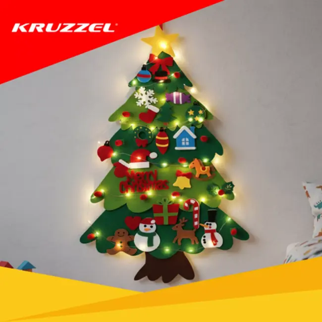Kruzzel vilten kerstboom 100×70 cm – LED kerstdecoratie met klittenbandversieringen voor kinderen