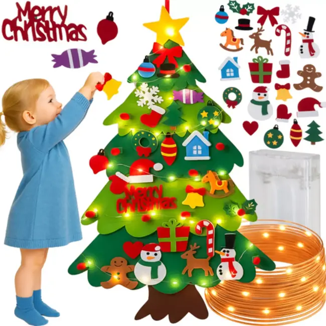 Kruzzel vilten kerstboom 100×70 cm – LED kerstdecoratie met klittenbandversieringen voor kinderen