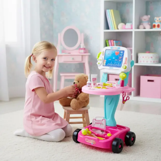 Ruhhy doktersset roze trolley 18-delig – educatief kinderspeelgoed met licht- en geluidseffecten, medische accessoires en wieltjes