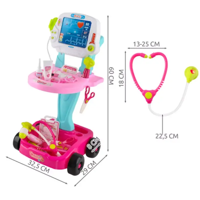Ruhhy doktersset roze trolley 18-delig – educatief kinderspeelgoed met licht- en geluidseffecten, medische accessoires en wieltjes