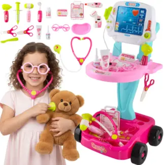 Ruhhy Doktersset roze trolley 18-delig – educatief kinderspeelgoed met licht- en geluidseffecten, medische accessoires en wieltjes