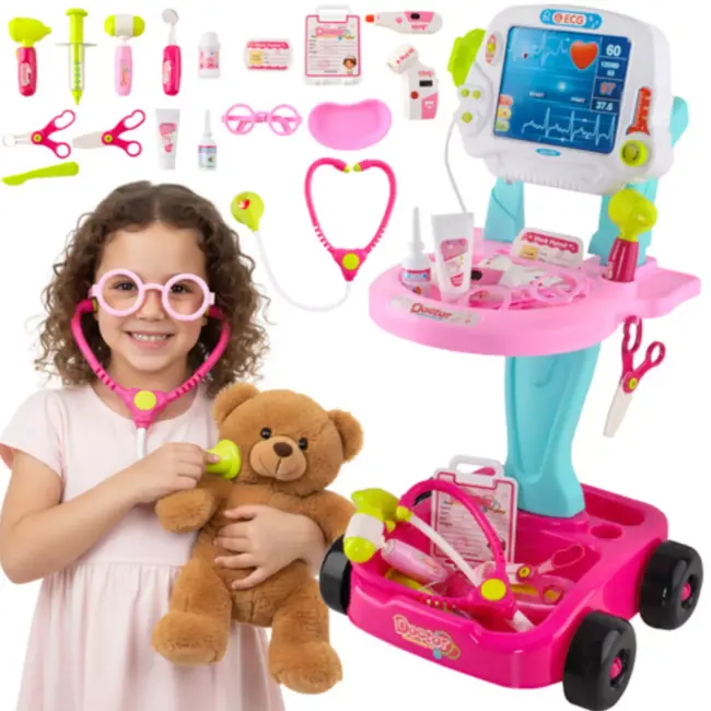 Ruhhy doktersset roze trolley 18-delig – educatief kinderspeelgoed met licht- en geluidseffecten, medische accessoires en wieltjes
