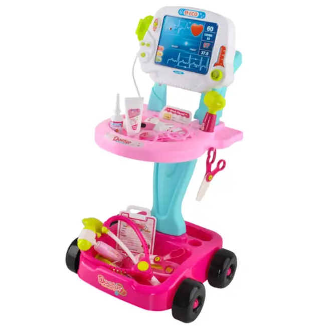 Ruhhy doktersset roze trolley 18-delig – educatief kinderspeelgoed met licht- en geluidseffecten, medische accessoires en wieltjes