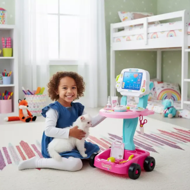 Ruhhy doktersset roze trolley 18-delig – educatief kinderspeelgoed met licht- en geluidseffecten, medische accessoires en wieltjes