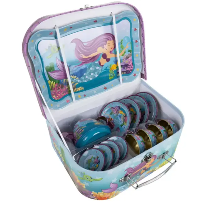 Ruhhy theeset kinderen 9-delig – metalen zeemeermin theeservies met kopjes, bordjes, dienblad en draagkoffer
