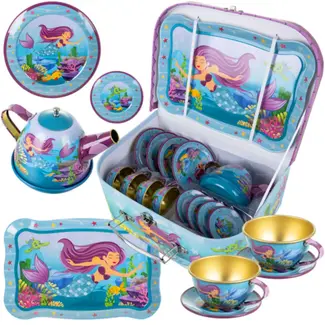 Ruhhy Theeset kinderen 9-delig – metalen zeemeermin theeservies met kopjes, bordjes, dienblad en draagkoffer