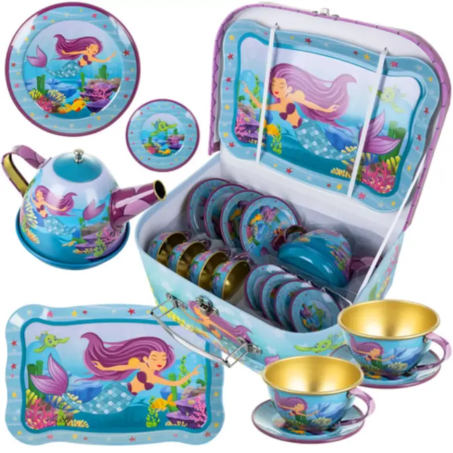 Ruhhy theeset kinderen 9-delig – metalen zeemeermin theeservies met kopjes, bordjes, dienblad en draagkoffer