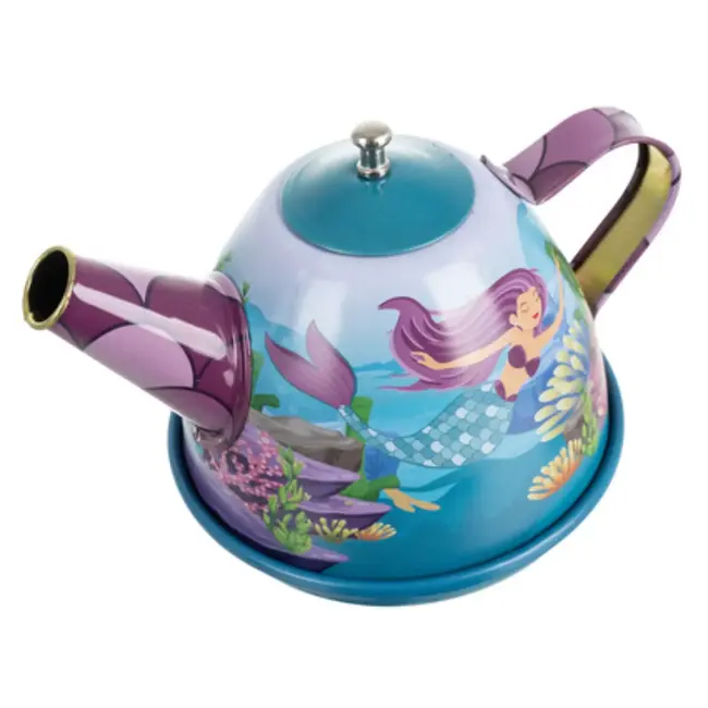 Ruhhy theeset kinderen 9-delig – metalen zeemeermin theeservies met kopjes, bordjes, dienblad en draagkoffer