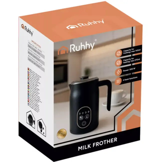 Ruhhy melkopschuimer 500W – elektrische melkopschuimer met LED-display, 4 temperatuurstanden