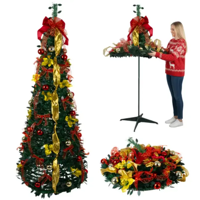 Ruhhy Kant en klare opvouwbare kerstboom 180 cm – met gouden linten en rode kerstballen