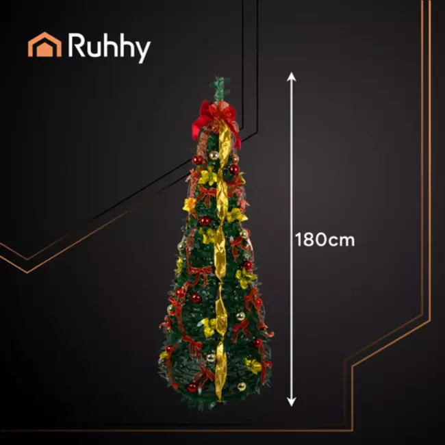 Ruhhy Kant en klare opvouwbare kerstboom 180 cm – met gouden linten en rode kerstballen