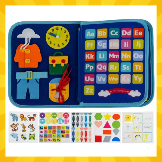 Kruzzel Montessori manipuleerboek blauw – educatief sensorisch speelgoed met dinosaurusmotief