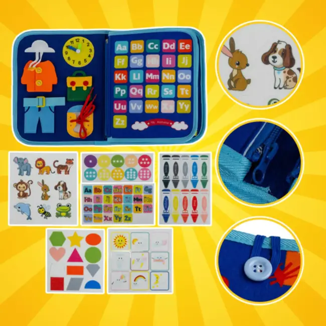 Kruzzel Montessori manipuleerboek blauw – educatief sensorisch speelgoed met dinosaurusmotief