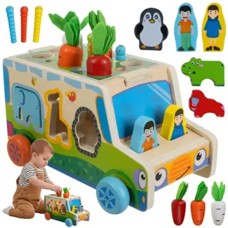 Kruzzel Houten sorteervoertuig – educatief Montessori speelgoed met dierfiguren en vormen