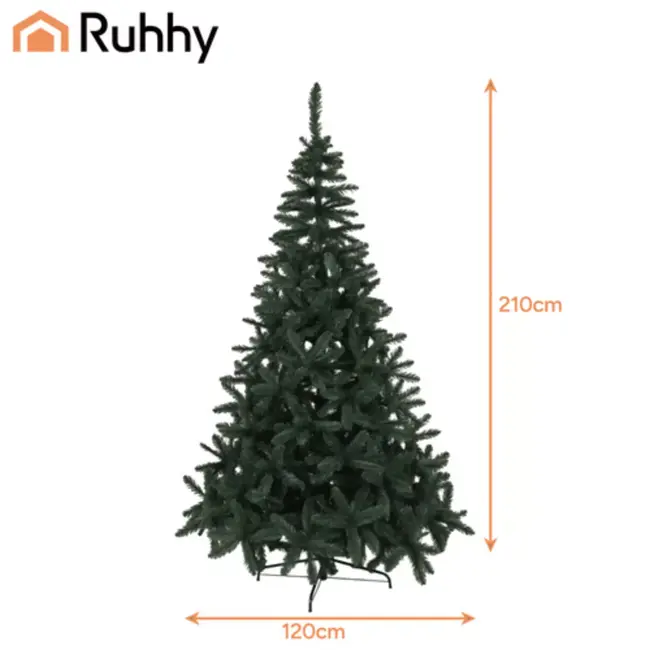 Ruhhy kunstkerstboom 210 cm – realistische groene kerstboom met dunne naalden, metalen standaard en natuurlijke uitstraling