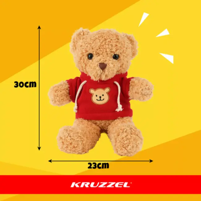 Kruzzel Zachte teddybeer 30 cm – lichtbruine pluche beer met rode trui, veilig voor kinderen