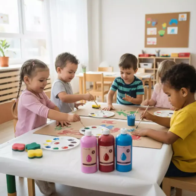 Maaleo plakkaatverf set – 12 intense kleuren van 1L, veilige waterverf voor school en atelier