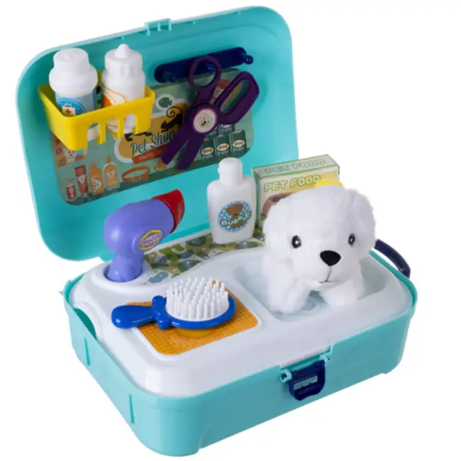 Ruhhy hondensalon speelset – pluche hond met accessoires in draagbare rugzak voor kinderen