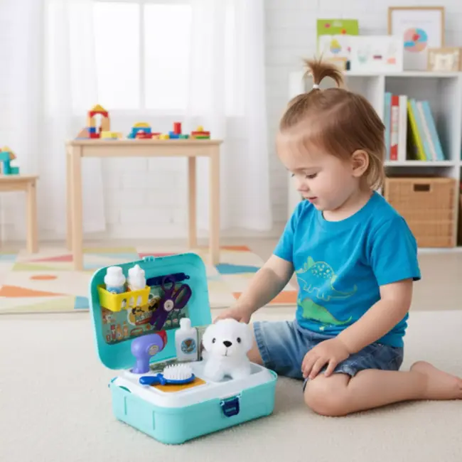 Ruhhy hondensalon speelset – pluche hond met accessoires in draagbare rugzak voor kinderen