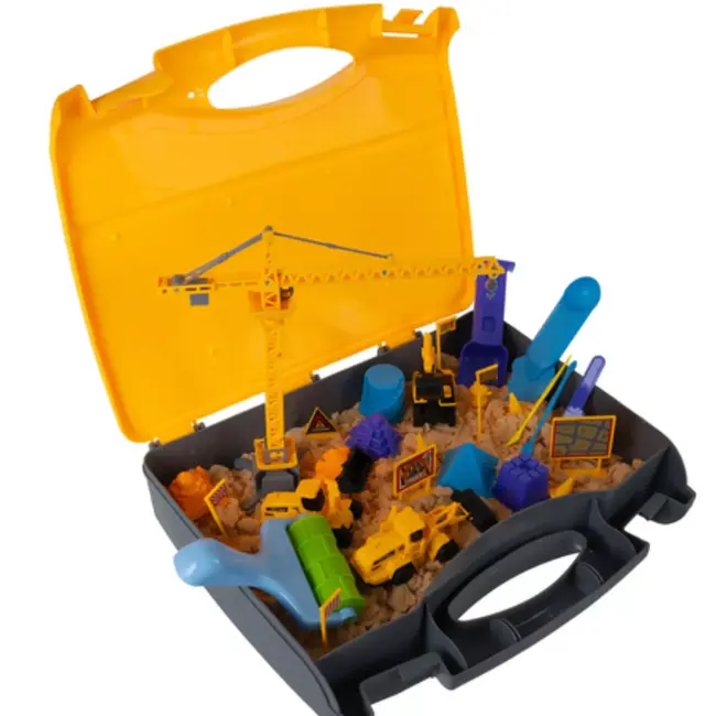 Ruhhy kinetisch zand bouwset – XXL constructiekoffer met 750 g zand, kraan, voertuigen en accessoires