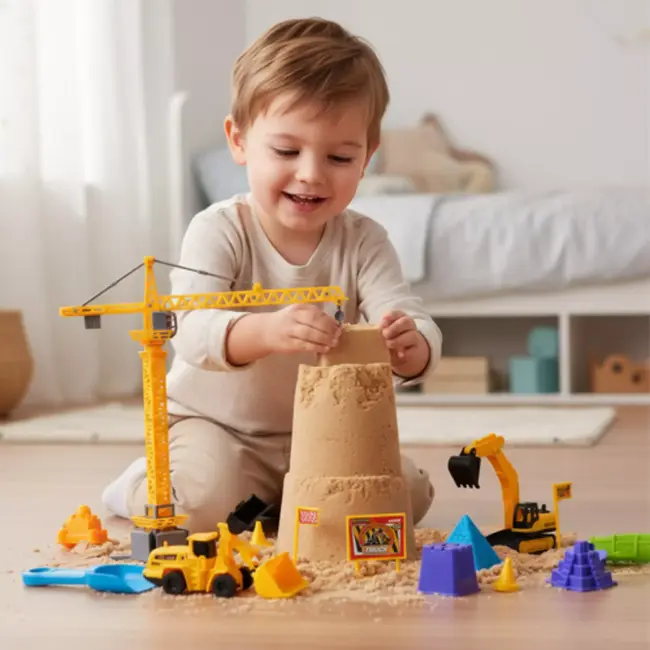 Ruhhy kinetisch zand bouwset – XXL constructiekoffer met 750 g zand, kraan, voertuigen en accessoires
