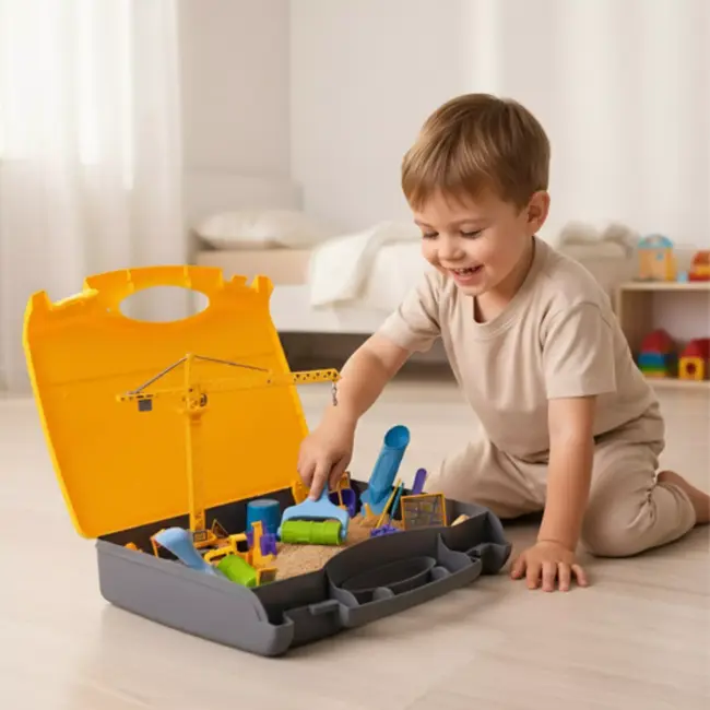 Ruhhy kinetisch zand bouwset – XXL constructiekoffer met 750 g zand, kraan, voertuigen en accessoires