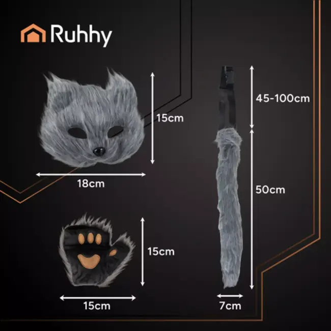 Ruhhy Grijze verkleedset kat of vos – 4-delig met masker, staart, handschoenen en pootjes van zacht pluche