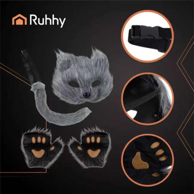 Ruhhy Grijze verkleedset kat of vos – 4-delig met masker, staart, handschoenen en pootjes van zacht pluche
