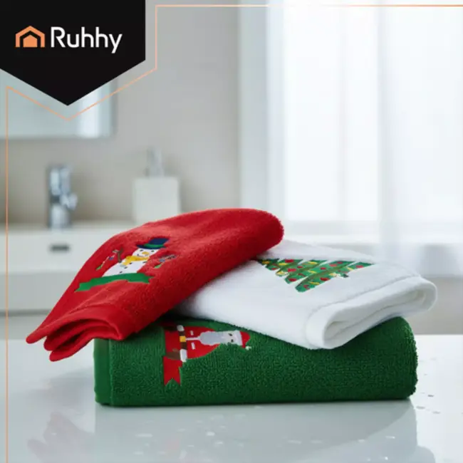 Ruhhy kersthanddoeken set – 3 katoenen handdoeken rood, groen en wit met geborduurde details