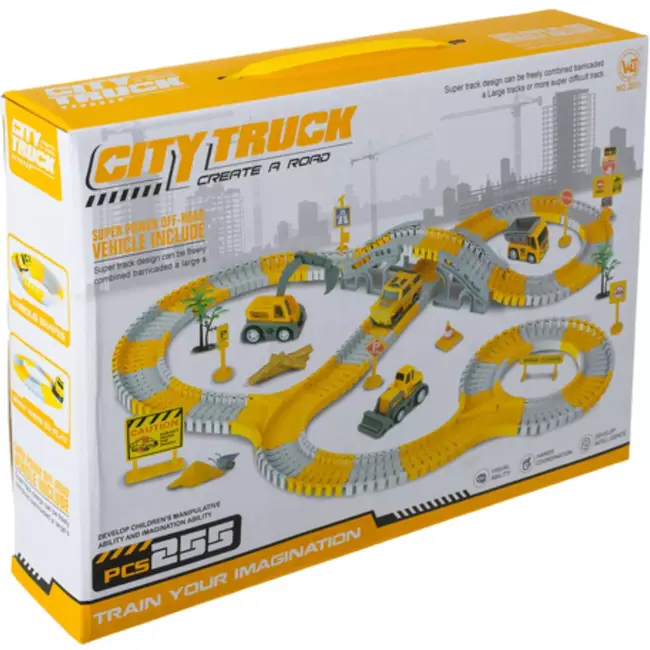 Ruhhy Racebaan bouwset – 255-delige autoweg met voertuigen, kraan en accessoires