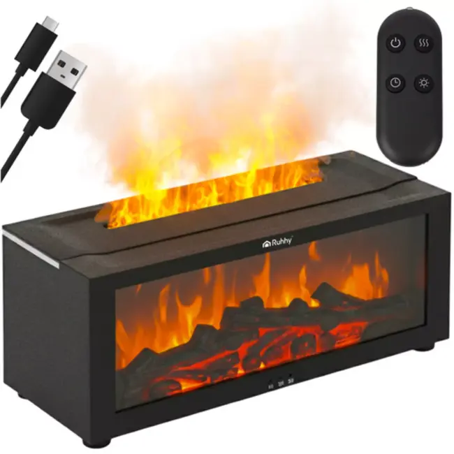 Ruhhy geurverspreider 150 ml – aromatherapie diffuser met LED haardvlam effect, timer en automatische uitschakeling