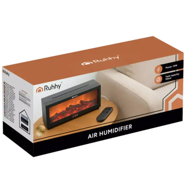 Ruhhy geurverspreider 150 ml – aromatherapie diffuser met LED haardvlam effect, timer en automatische uitschakeling