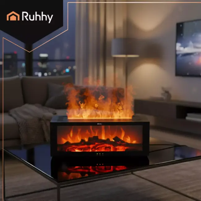 Ruhhy geurverspreider 150 ml – aromatherapie diffuser met LED haardvlam effect, timer en automatische uitschakeling