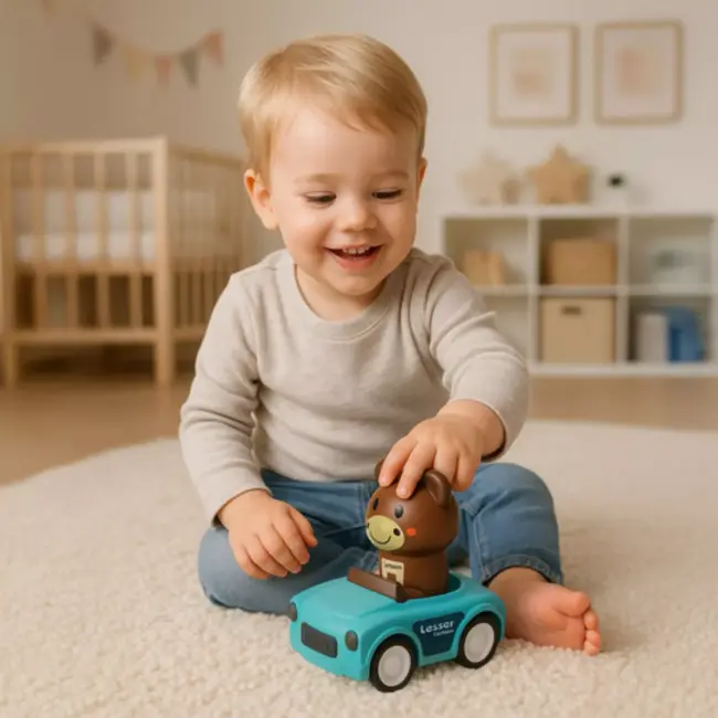 Ruhhy Speelgoedauto’s – 4 kleurrijke dierautootjes met push & go mechanisme