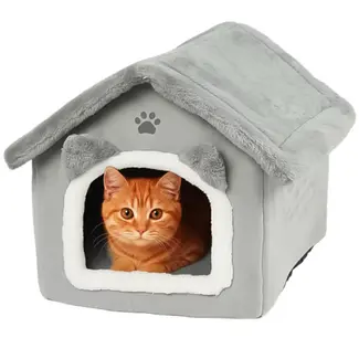 Purlov Grijs kattenhuis – pluche bed met dak en kussen