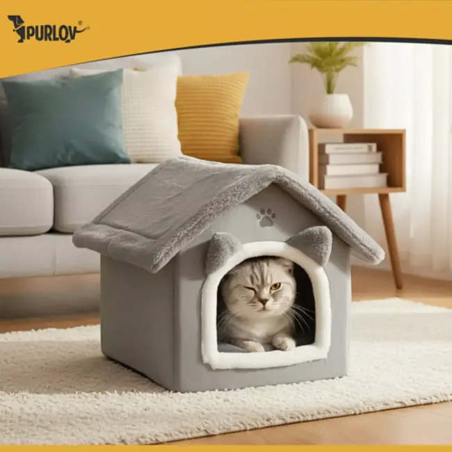 Purlov Grijs kattenhuis – pluche bed met dak en kussen